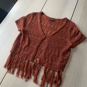 Rust Crochet Fringe Cardigan medium, ladies medium open crochet cardigan